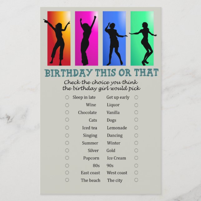 Dance party Birthday This or That Game (Front)