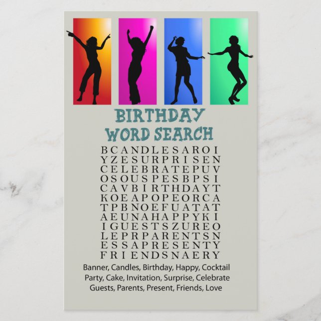Dance party Birthday Word Search Game (Front)