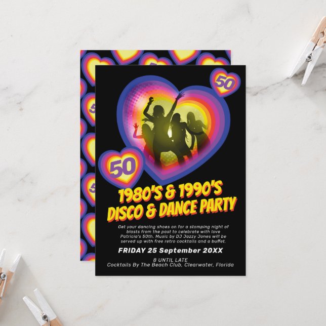 Dance party heart dancers 1980's 1990's birthday invitation (Front/Back In Situ)