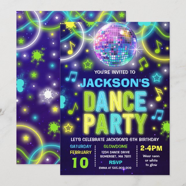 Dance Party Invitation Neon Glow Dance Party (Devant / Derrière)