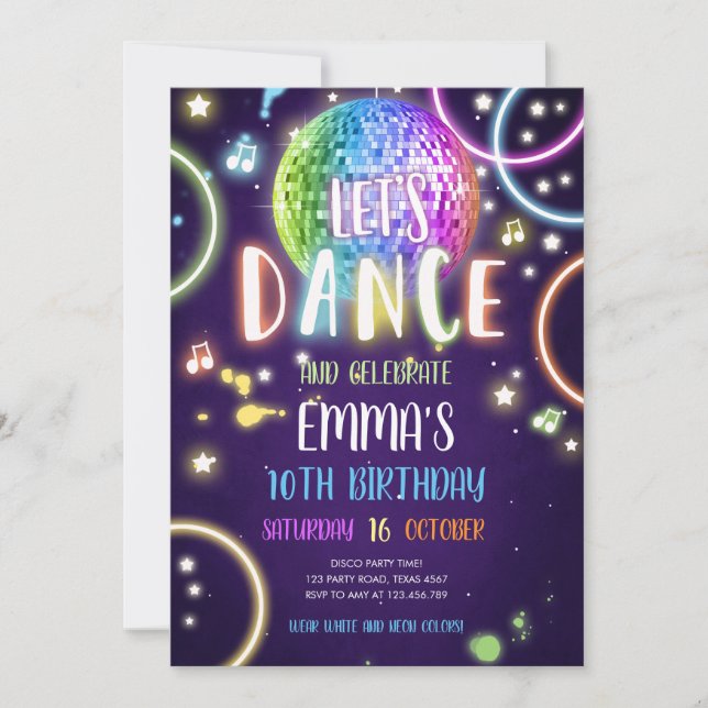 Dance Party Neon Glow Disco Invitation d'anniversa (Devant)