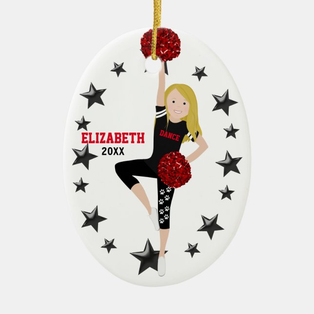 Dance Pom Girl Blonde Black and Red Ceramic Ornament (Front)
