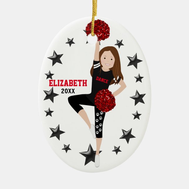 Dance Pom Girl Brunette Black and Red Ceramic Ornament (Front)