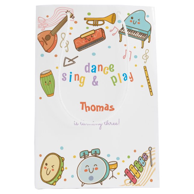 Dance sing and play kids birthday medium gift bag (Front)