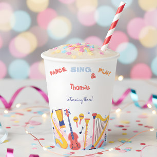 Dance sing and play kids birthday paper cups