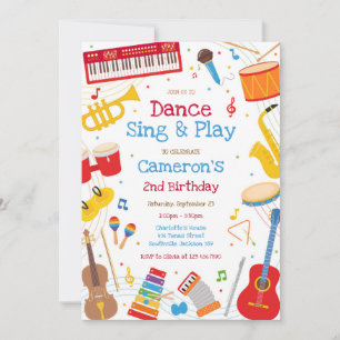 Dance Sing Play Musical Instrument Birthday Party  Invitation