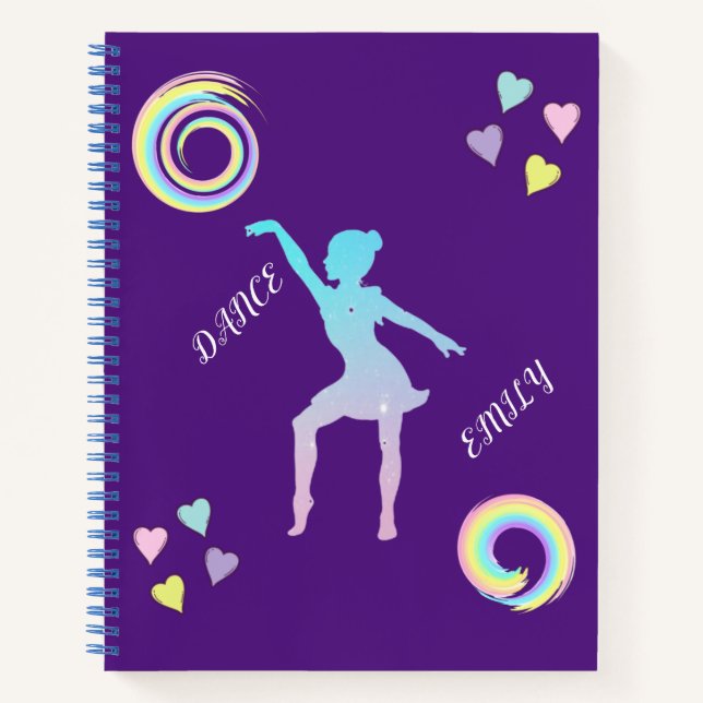 Dance spiral notebook with hearts & swirls. (Front)