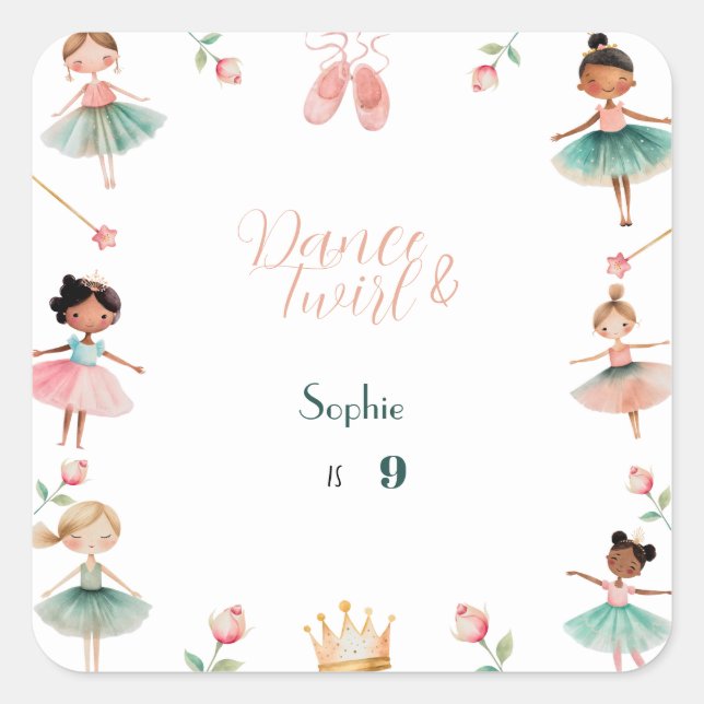 Dance & twirl girl birthday party square sticker (Front)