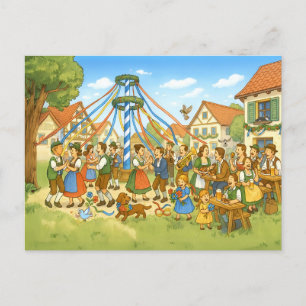 Dance Under Maypole in bavarian village Holiday Postcard