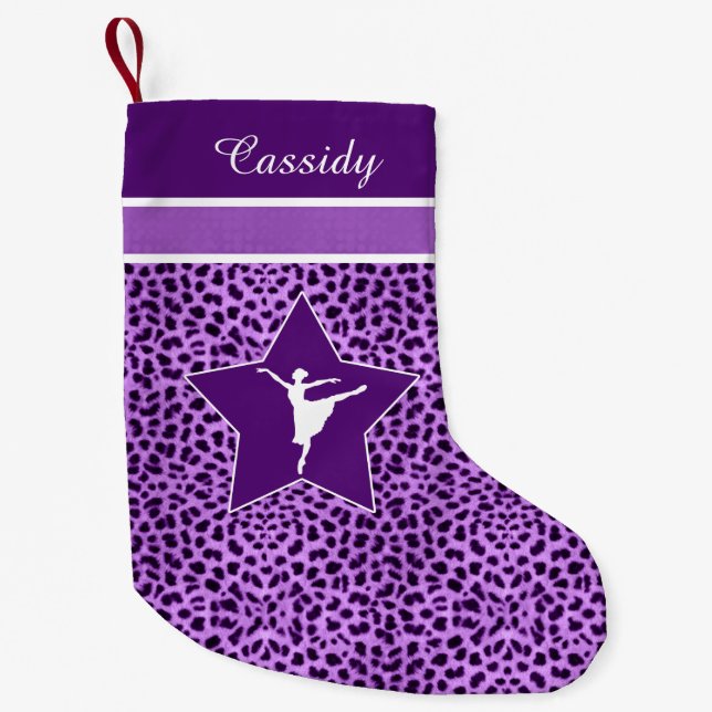Dancer in Purple Cheetah Print with Monogram Small Christmas Stocking (Front)