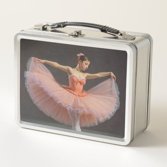 Dancer unfurling her tutu metal lunch box (Front)