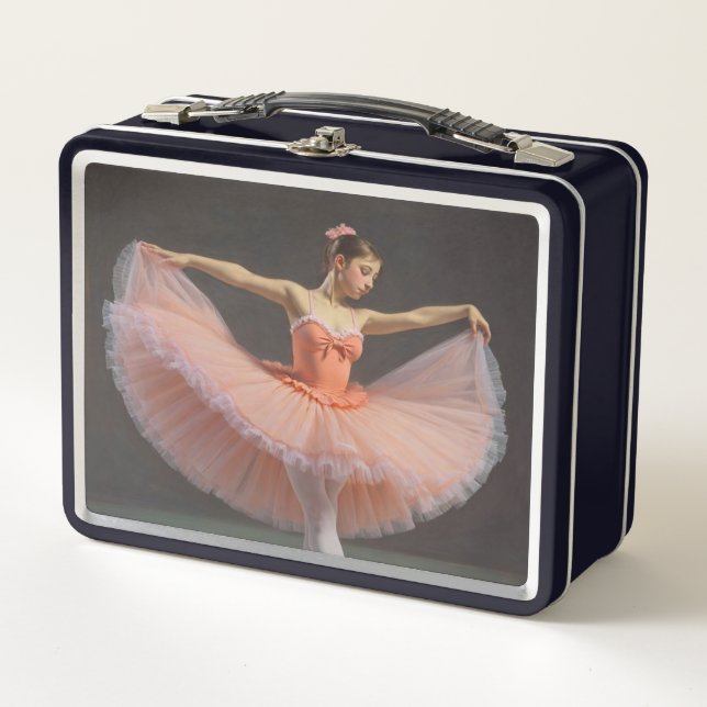 Dancer unfurling her tutu metal lunch box (Front)