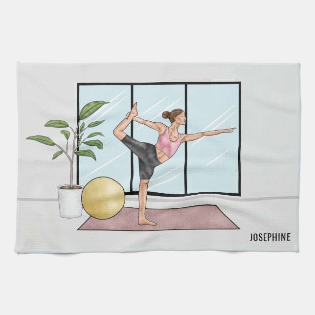 Dancer's Pose Yoga Natarajasana Personalized Name Kitchen Towel (Horizontal)