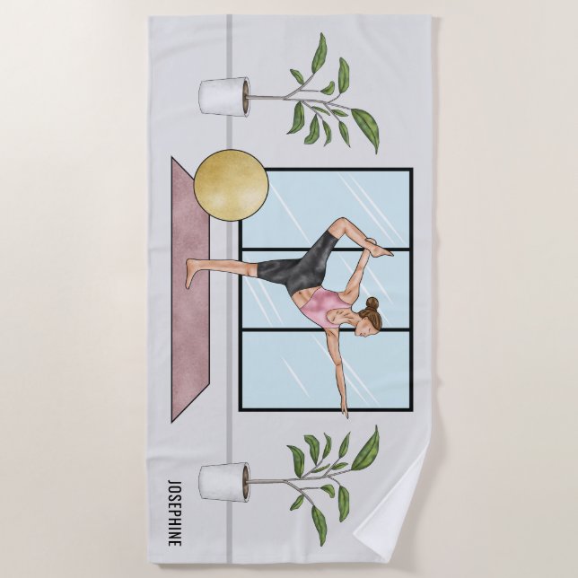 Dancer's Pose Yoga Natarajasana With Custom Name Beach Towel (Front)