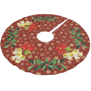 Dancing Baby Angels on Red with Gold Snowflakes Brushed Polyester Tree Skirt