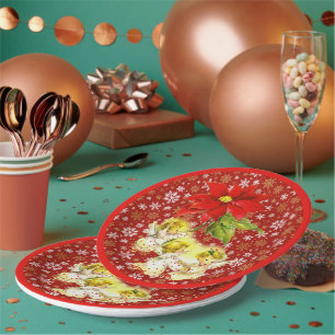 Dancing Baby Angels with Gold Snowflakes on Red Paper Plate