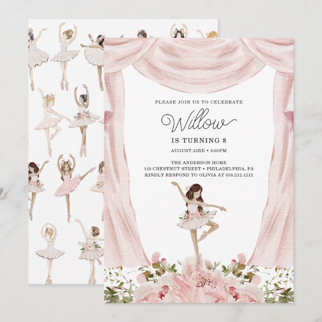 Dancing Ballerina Girl Birthday Party Invitation (Front/Back)