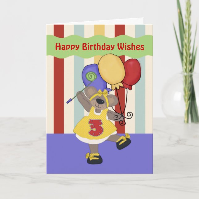 Dancing Bear 3 Years Girl Birthday Card (Front)