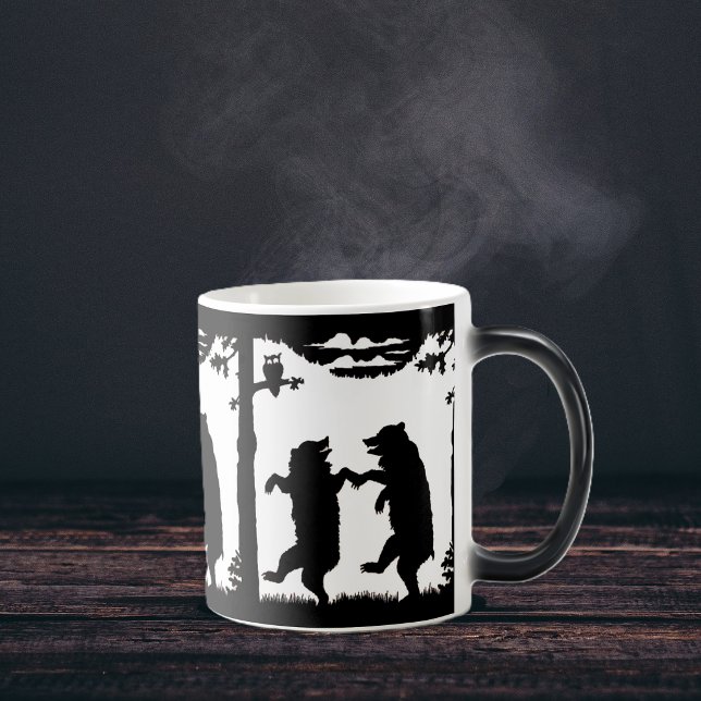 Dancing Bears Black Silhouette Magic Mug (fun dancing black bears under trees with owl watching on black and white coffee or tea mug.)