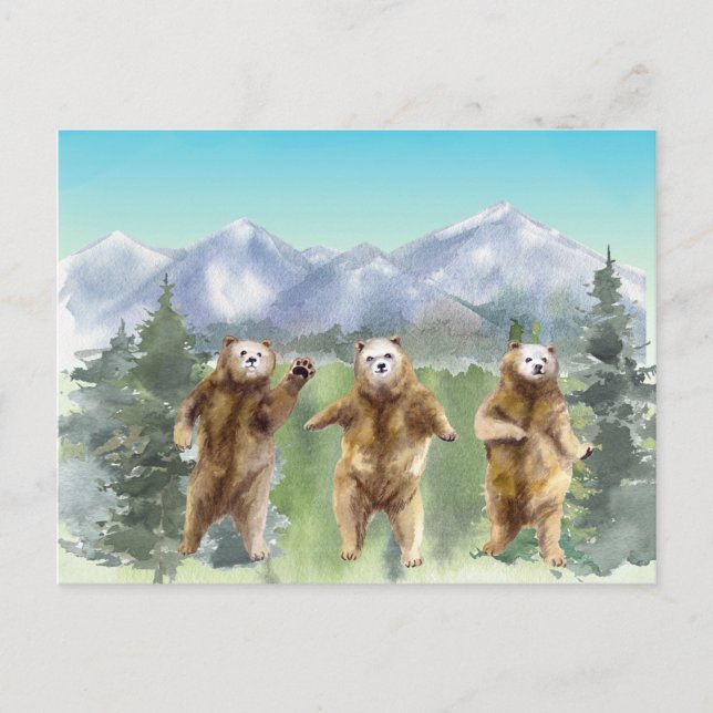Dancing Bears Watercolor Evergreen Landscape Postcard (Front)