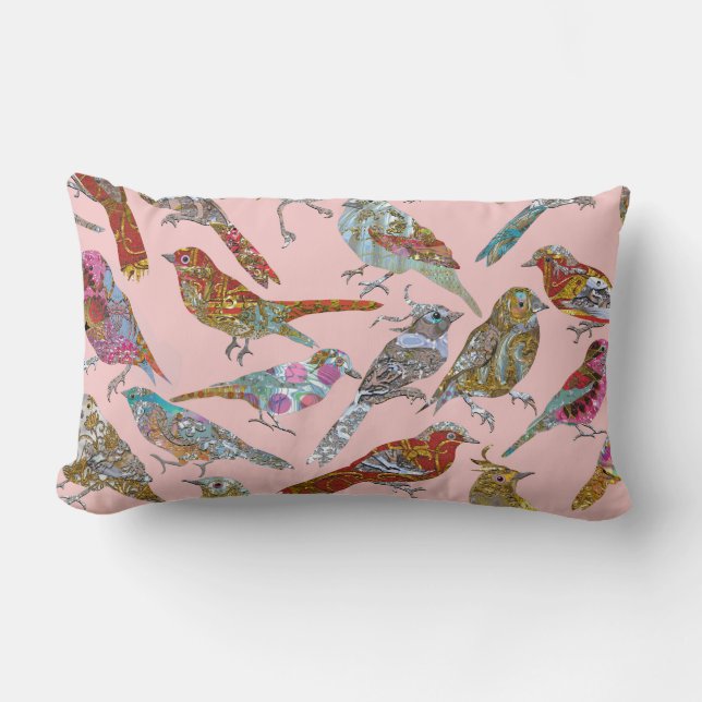 Dancing Birds on Rose Quartz Lumbar Pillow (Front)