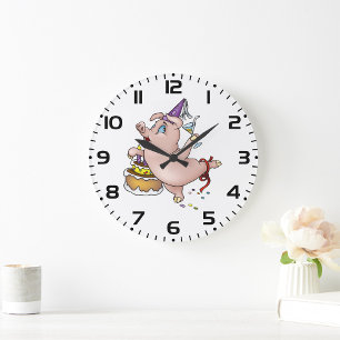 Dancing Birthday Party Pig with Cake and Cocktail Large Clock