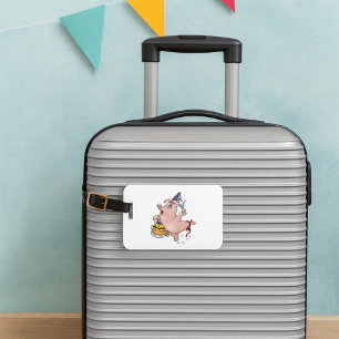 Dancing Birthday Party Pig with Cake and Cocktail Luggage Tag