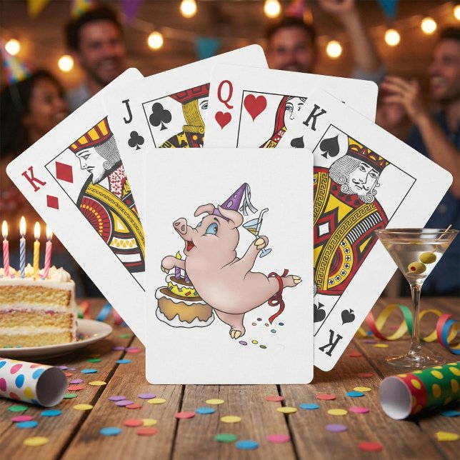 Dancing Birthday Party Pig with Cake and Cocktail Playing Cards (Creator Uploaded)