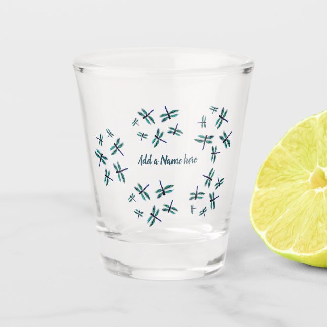 Dancing Blue Dragonfly Art Personalized Shot Glass (Front)