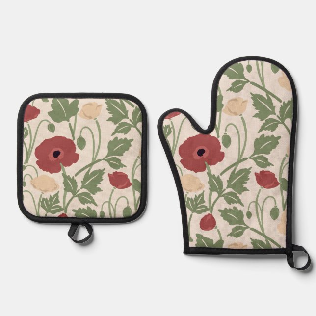 Dancing Botanicals Cranberry Red Wheat Oven Mitt & Pot Holder Set (Front)