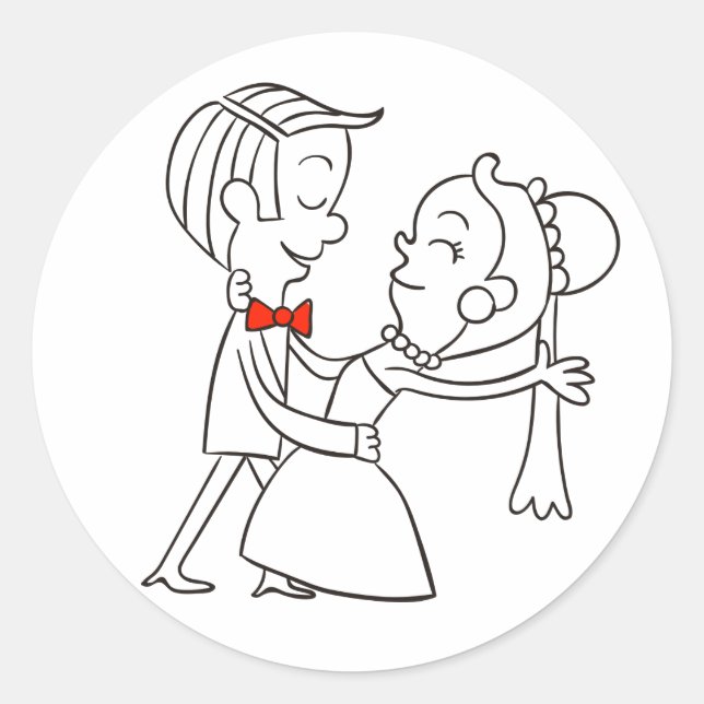 Dancing Bride & Groom Black And White Wedding Classic Round Sticker (Front)