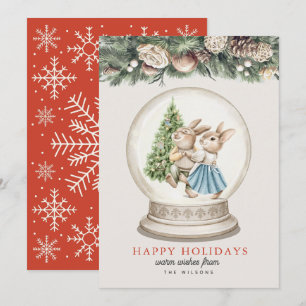 Dancing Bunnies Christmas Tree Snow Grobe Holiday Card