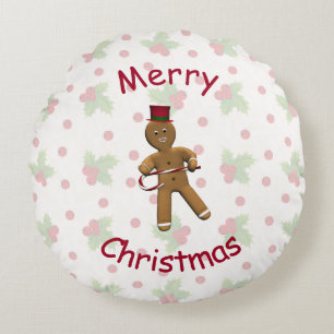 Dancing Cartoon Gingerbread Man Round Pillow