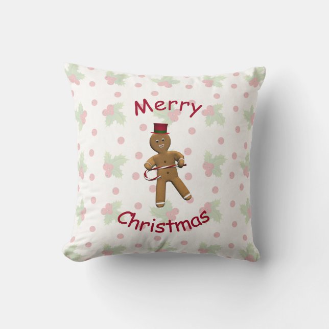 Dancing Cartoon Gingerbread Man Throw Pillow (Front)