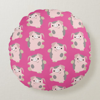 Dancing Cartoon Pig Repeat Pattern Round Pillow