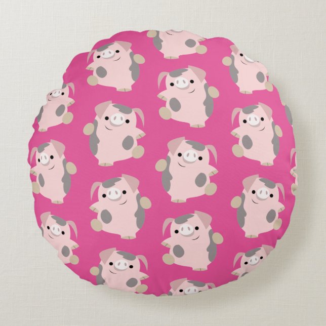 Dancing Cartoon Pig Repeat Pattern Round Pillow (Front)