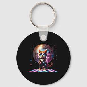 Dancing Cat Disco Ball Kitten Kitty Lover Funny Pa Keychain