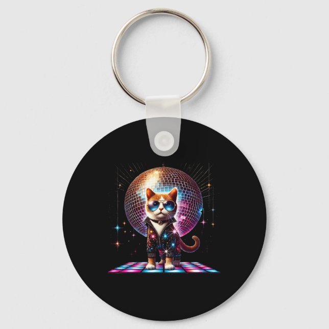 Dancing Cat Disco Ball Kitten Kitty Lover Funny Pa Keychain (Front)