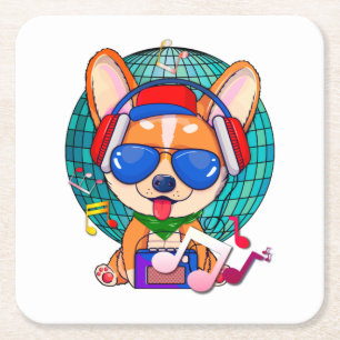 Dancing Corgi Kawaii Cute, Music Pup Square Paper Coaster