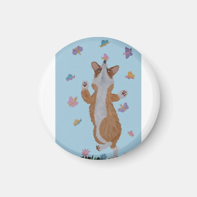 Dancing Corgi with Butterflies Magnet (Front)