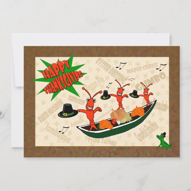 Dancing Crawfish Pilgrims Cajun Happy Thanksgiving Invitation (Front)