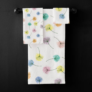 Dancing Dandelions   Watercolor Floral Pattern Bath Towel Set