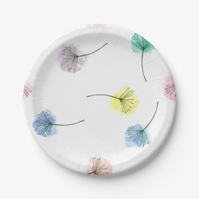 Dancing Dandelions | Watercolor Floral Pattern Paper Plate (Front)