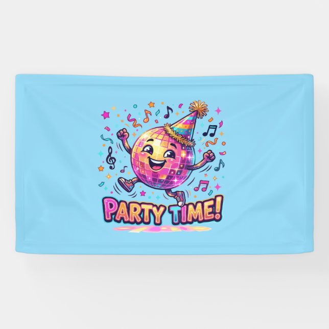 Dancing Disco Ball Birthday Party Time Cute Funny Banner (Horizontal)