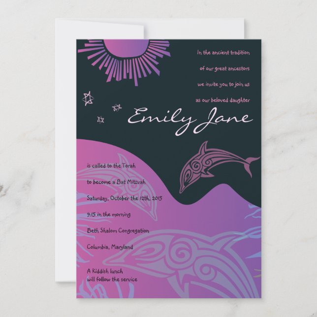 DANCING DOLPHINS Bat Mitzvah Invitation in pink (Front)