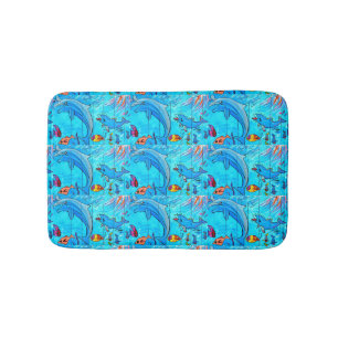 dancing dolphins swimming in blue sea bath mat