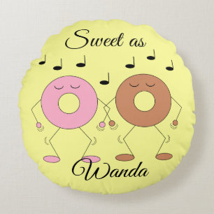 Dancing Doughnuts Light Yellow Round Pillow