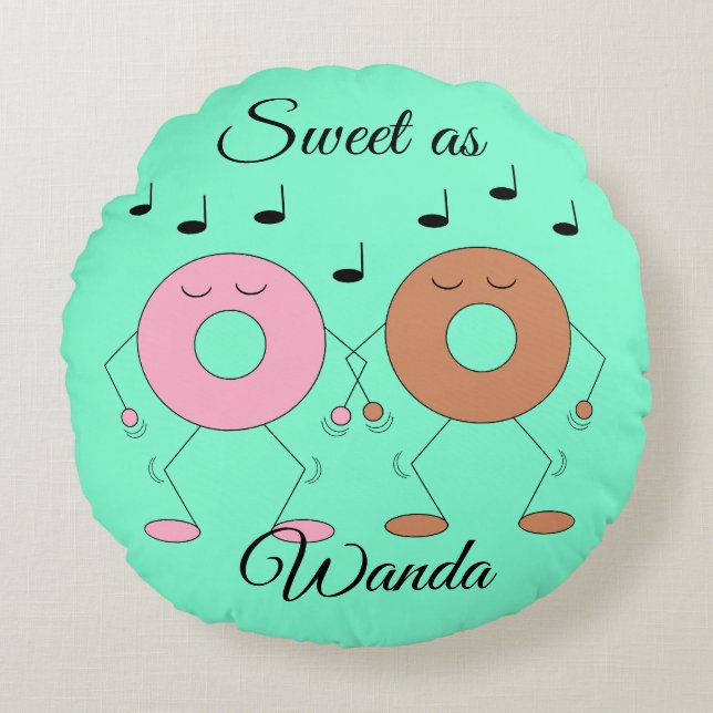 Dancing Doughnuts Mint Green Round Pillow (Front)