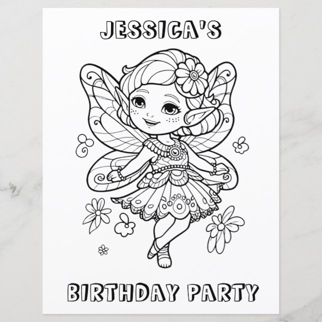 Dancing fairy birthday party colouring activity  (Front)