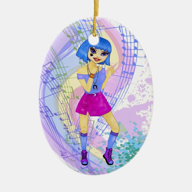 Dancing fashion illustration with bright blue hair ceramic ornament (Front)